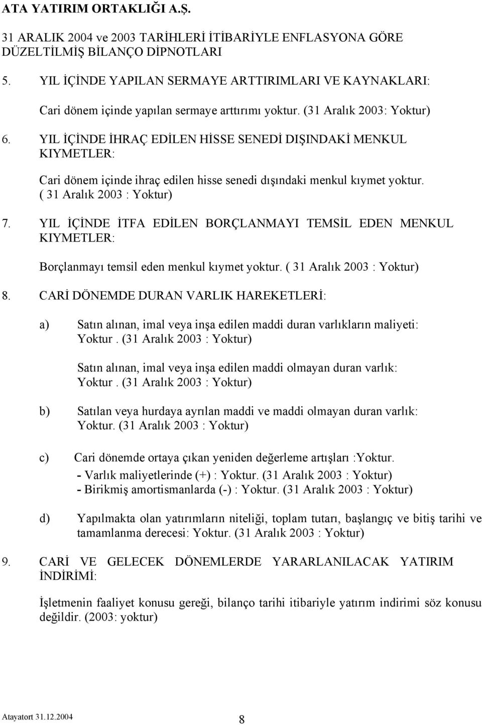 YIL İÇİNDE İTFA EDİLEN BORÇLANMAYI TEMSİL EDEN MENKUL KIYMETLER: Borçlanmayı temsil eden menkul kıymet yoktur. ( 31 Aralık 2003 : Yoktur) 8.