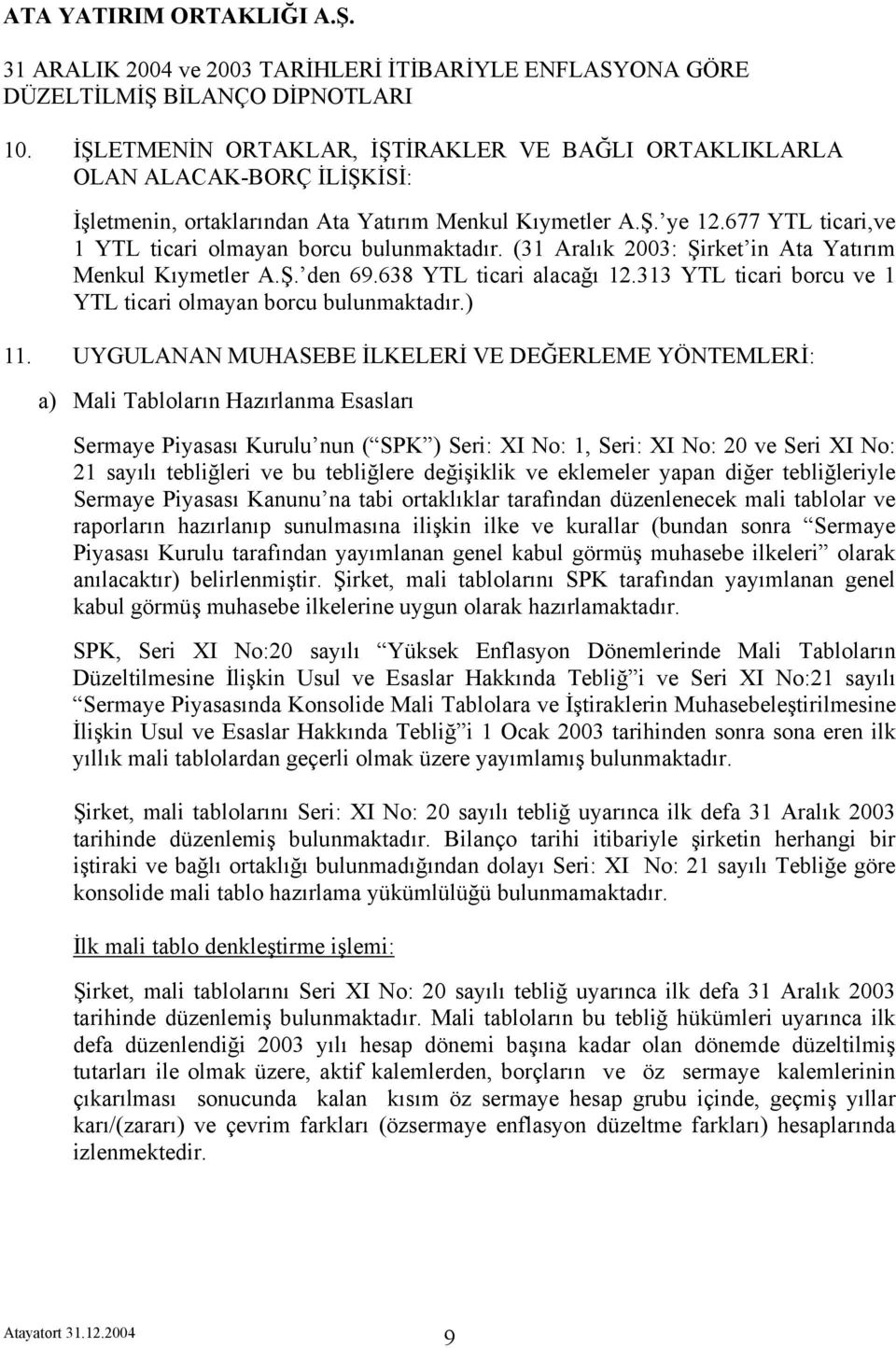 ) 11. UYGULANAN MUHASEBE İLKELERİ VE DEĞERLEME YÖNTEMLERİ: a) Mali Tabloların Hazırlanma Esasları Sermaye Piyasası Kurulu nun ( SPK ) Seri: XI No: 1, Seri: XI No: 20 ve Seri XI No: 21 sayılı