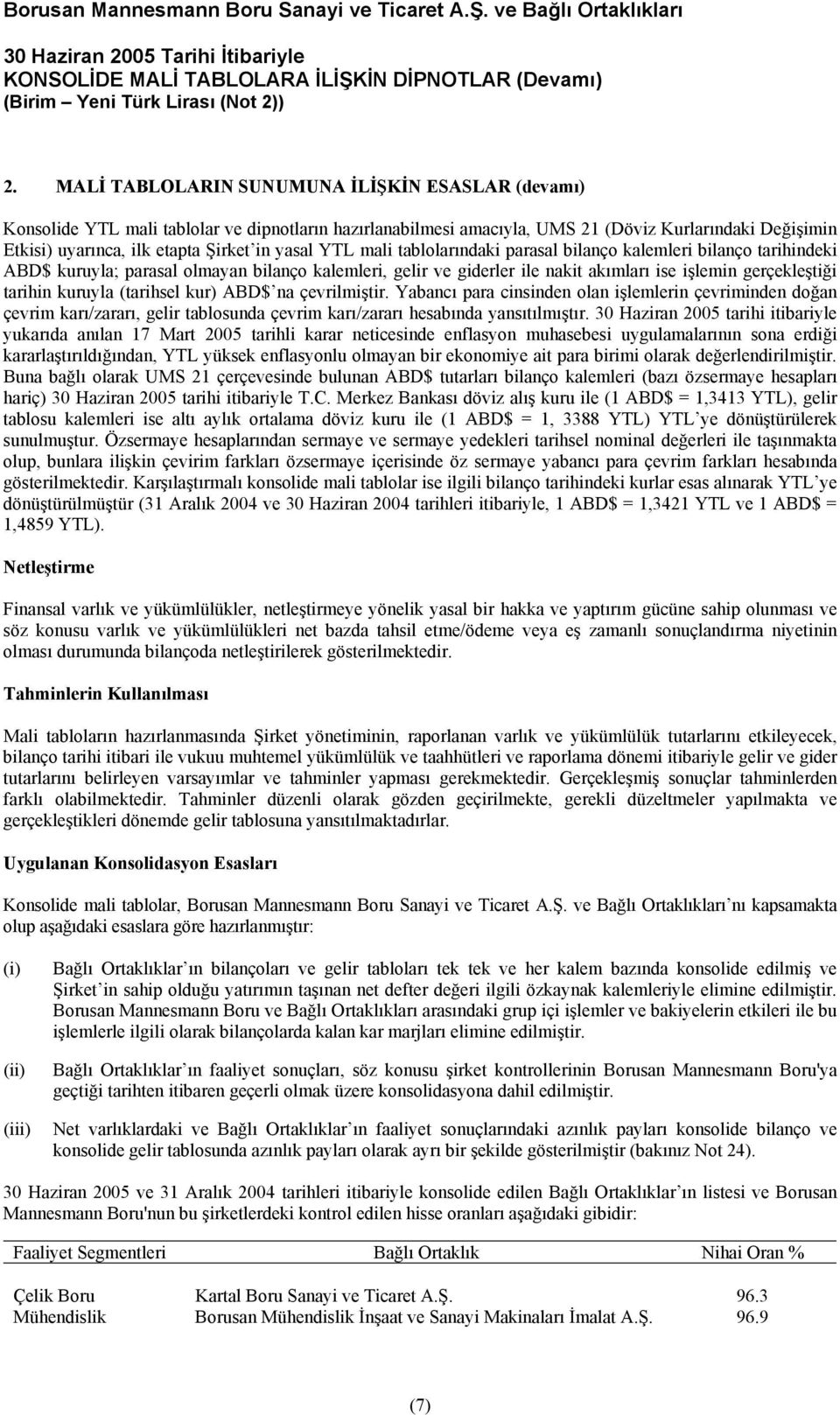 kuruyla (tarihsel kur) ABD$ na çevrilmiştir. Yabancı para cinsinden olan işlemlerin çevriminden doğan çevrim karı/zararı, gelir tablosunda çevrim karı/zararı hesabında yansıtılmıştır.