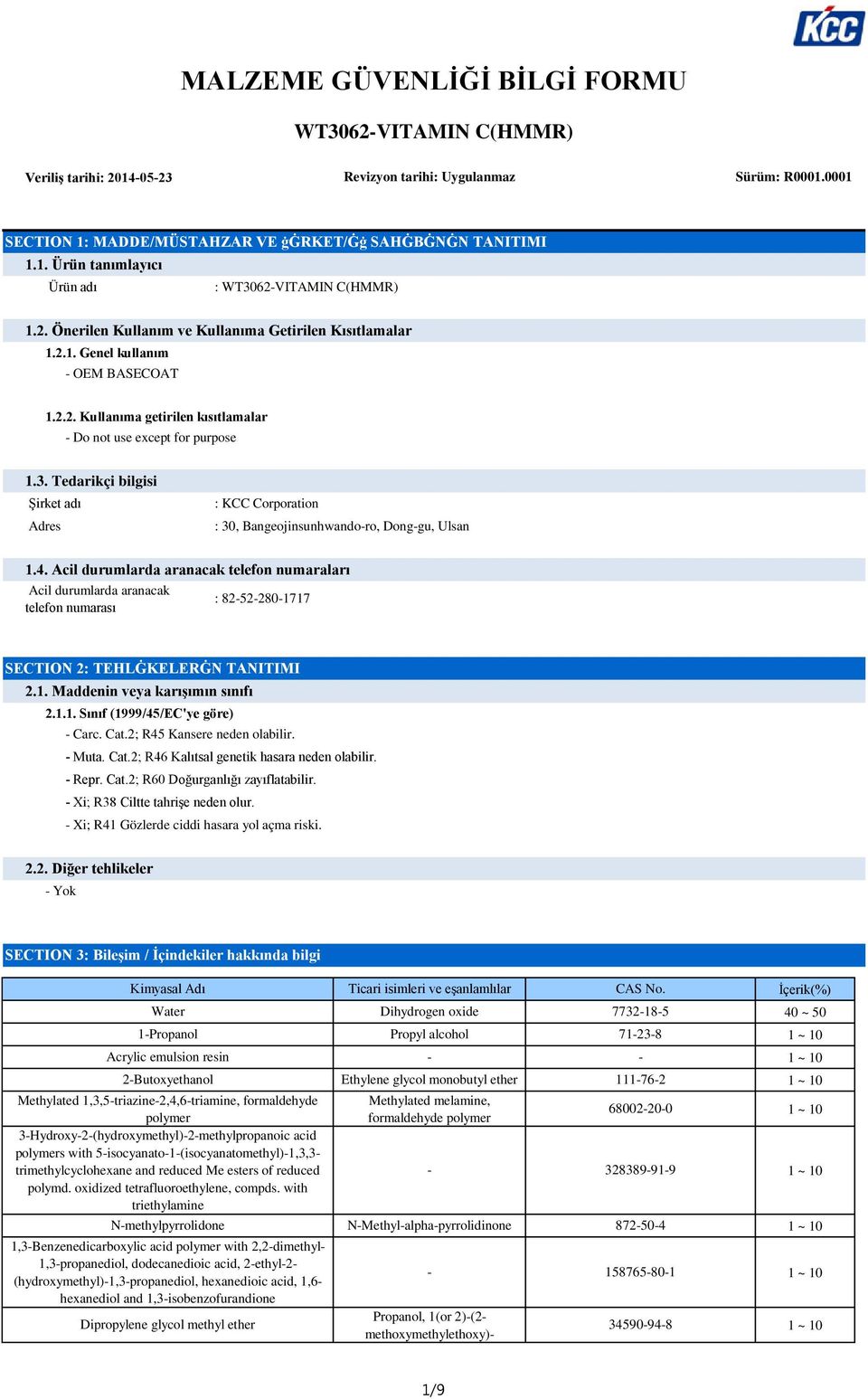 Tedarikçi bilgisi Şirket adı Adres : KCC Corporation : 30, Bangeojinsunhwando-ro, Dong-gu, Ulsan 1.4.