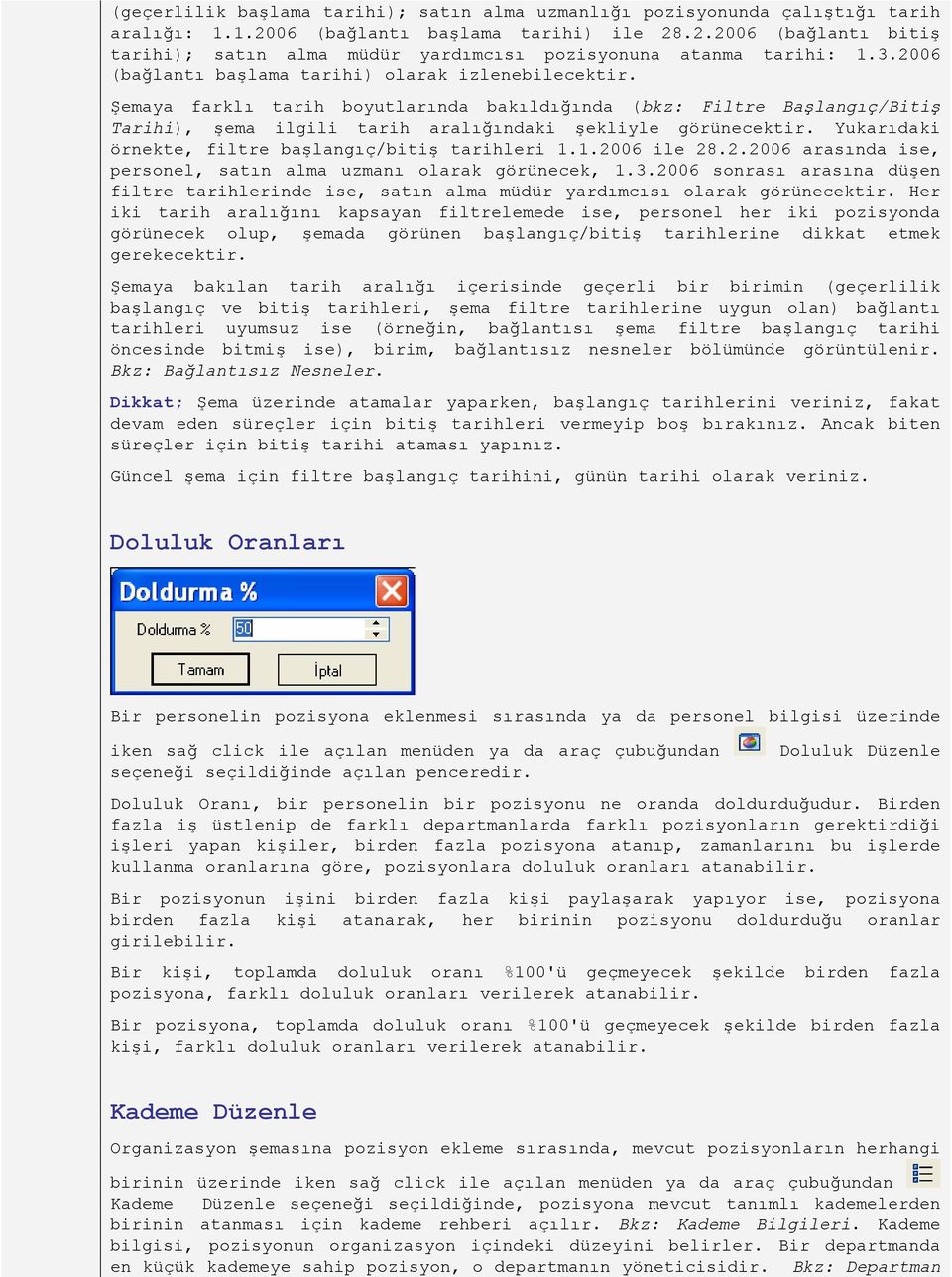 Yukarıdaki örnekte, filtre başlangıç/bitiş tarihleri 1.1.2006 ile 28.2.2006 arasında ise, personel, satın alma uzmanı olarak görünecek, 1.3.