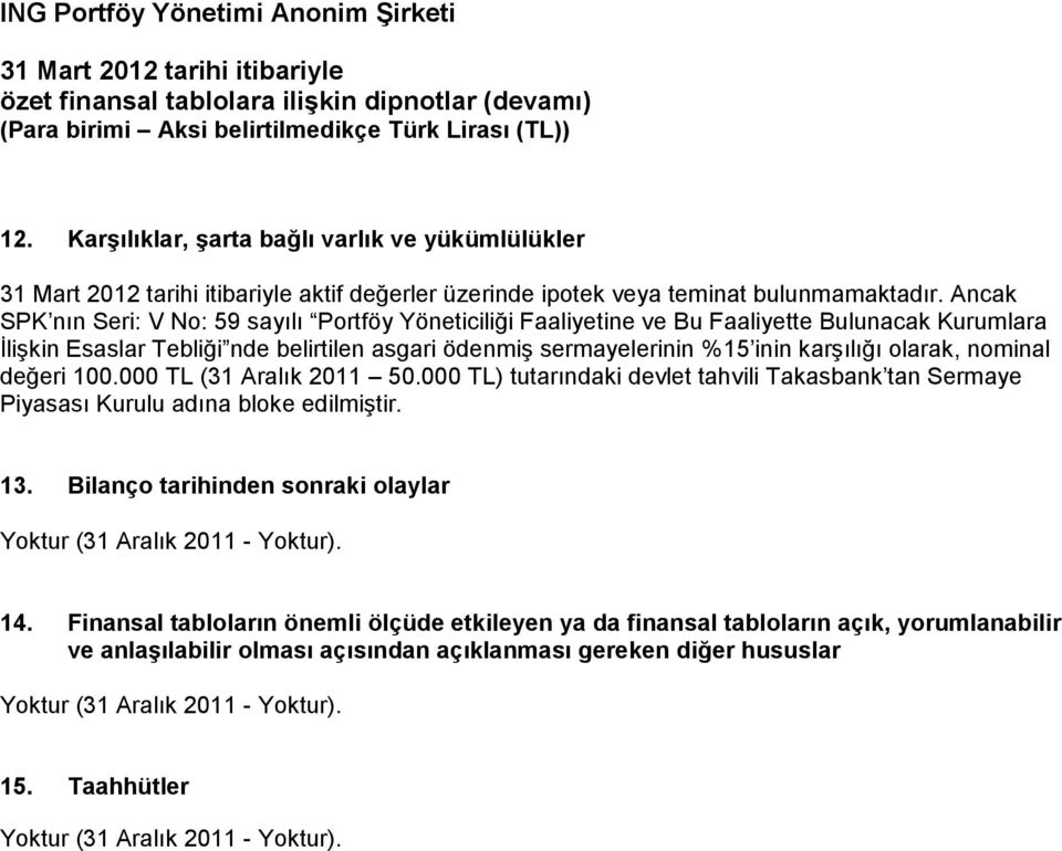 olarak, nominal değeri 100.000 TL (31 Aralık 2011 50.000 TL) tutarındaki devlet tahvili Takasbank tan Sermaye Piyasası Kurulu adına bloke edilmiştir. 13.