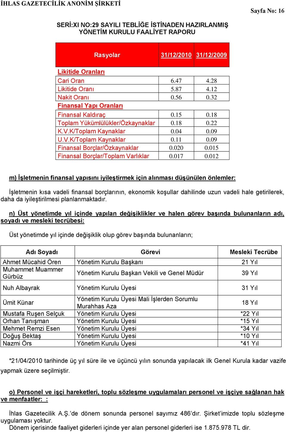 012 m) İşletmenin finansal yapısını iyileştirmek için alınması düşünülen önlemler: İşletmenin kısa vadeli finansal borçlarının, ekonomik koşullar dahilinde uzun vadeli hale getirilerek, daha da