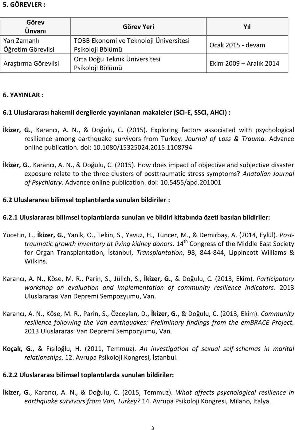 Exploring factors associated with psychological resilience among earthquake survivors from Turkey. Journal of Loss & Trauma. Advance online publication. doi: 10.1080/15325024.2015.1108794 İkizer, G.