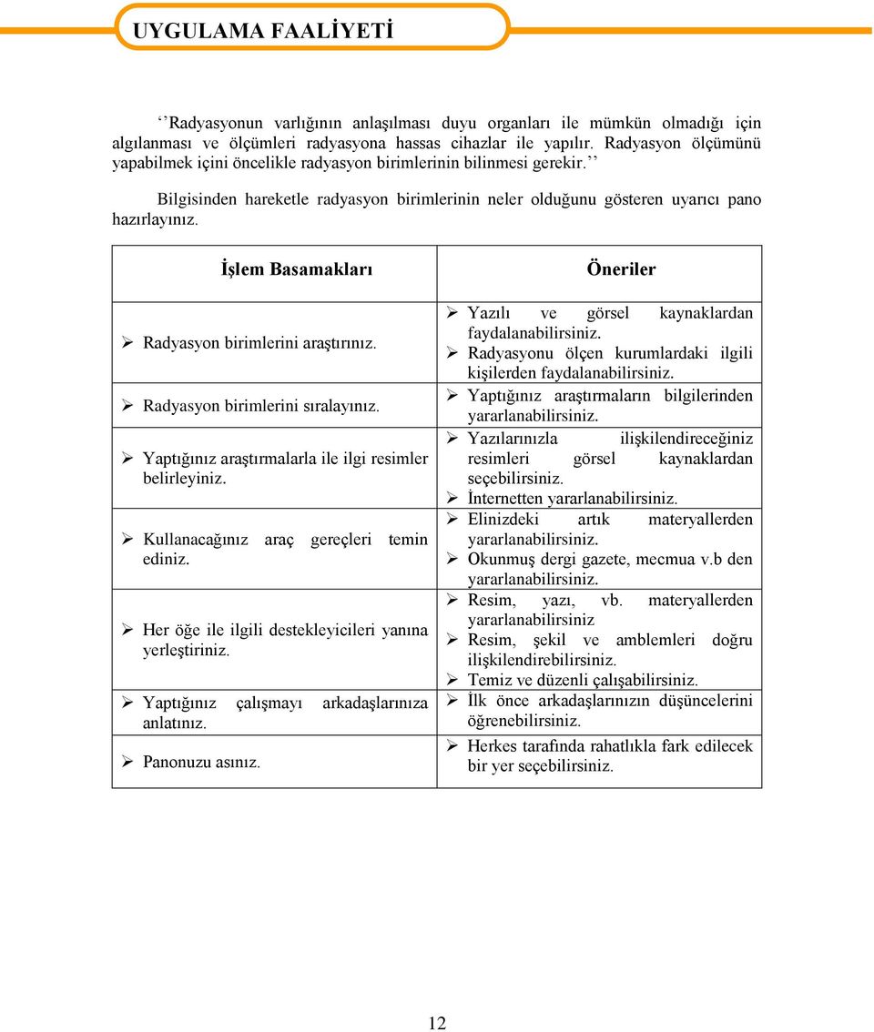 İşlem Basamakları Radyasyon birimlerini araştırınız. Radyasyon birimlerini sıralayınız. Yaptığınız araştırmalarla ile ilgi resimler belirleyiniz. Kullanacağınız araç gereçleri temin ediniz.