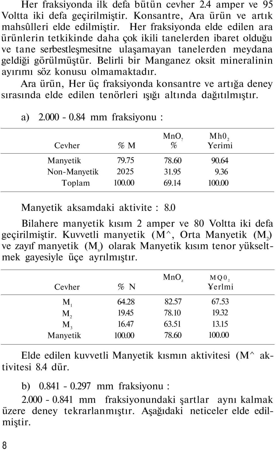 Belirli bir Manganez oksit mineralinin ayırımı söz konusu olmamaktadır. Ara ürün, Her üç fraksiyonda konsantre ve artığa deney sırasında elde edilen tenörleri ışığı altında dağıtılmıştır. a) 2.000-0.