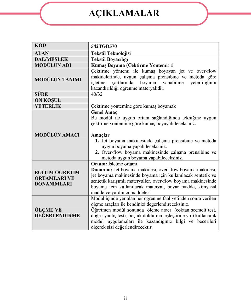 SÜRE 40/32 ÖN KOġUL YETERLĠK Çektirme yöntemine göre kumaģ boyamak Genel Amaç Bu modül ile uygun ortam sağlandığında tekniğine uygun çektirme yöntemine göre kumaģ boyayabileceksiniz.