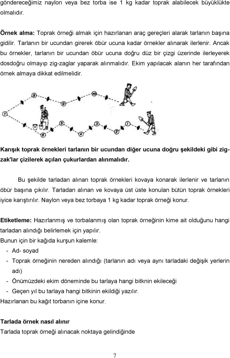 Ancak bu örnekler, tarlanın bir ucundan öbür ucuna doğru düz bir çizgi üzerinde ilerleyerek dosdoğru olmayıp zig-zaglar yaparak alınmalıdır.