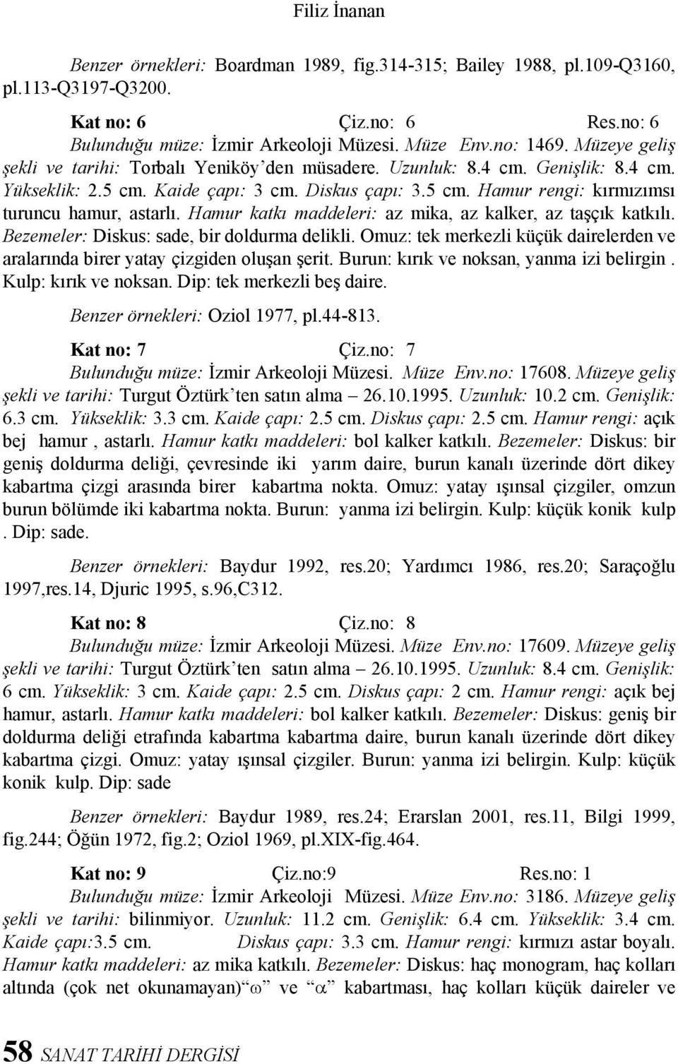 Hamur katkı maddeleri: az mika, az kalker, az taşçık katkılı. Bezemeler: Diskus: sade, bir doldurma delikli. Omuz: tek merkezli küçük dairelerden ve aralarında birer yatay çizgiden oluşan şerit.