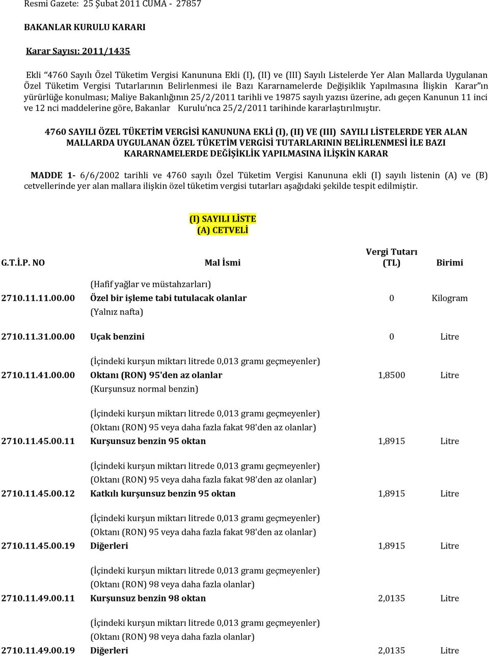 yazısı üzerine, adı geçen Kanunun 11 inci ve 12 nci maddelerine göre, Bakanlar Kurulu nca 25/2/2011 tarihinde kararlaştırılmıştır.