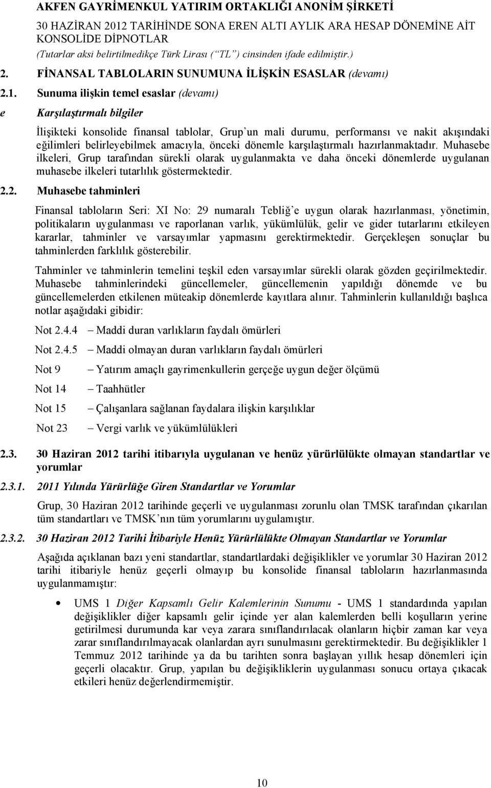 önceki dönemle karşılaştırmalı hazırlanmaktadır. Muhasebe ilkeleri, Grup tarafından sürekli olarak uygulanmakta ve daha önceki dönemlerde uygulanan muhasebe ilkeleri tutarlılık göstermektedir. 2.