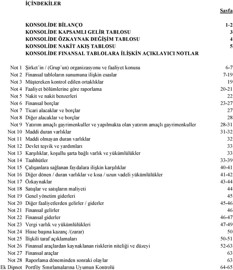 raporlama 20-21 Not 5 Nakit ve nakit benzerleri 22 Not 6 Finansal borçlar 23-27 Not 7 Ticari alacaklar ve borçlar 27 Not 8 Diğer alacaklar ve borçlar 28 Not 9 Yatırım amaçlı gayrimenkuller ve