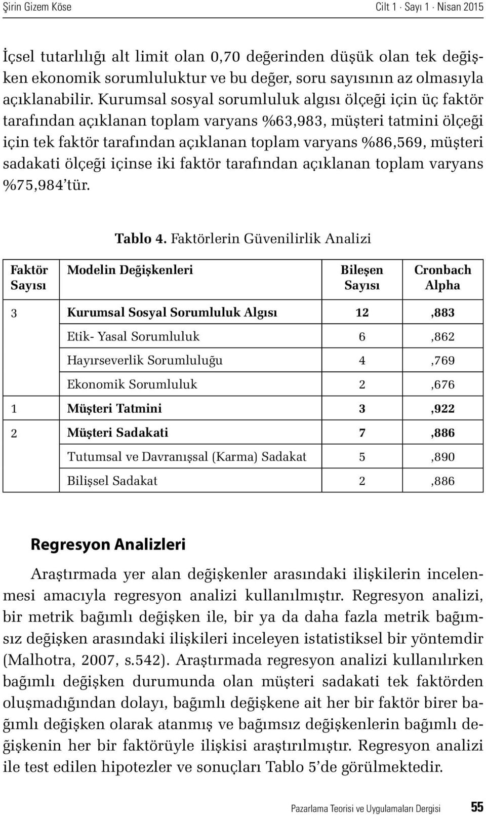 sadakati ölçeği içinse iki faktör tarafından açıklanan toplam varyans %75,984 tür. Tablo 4.