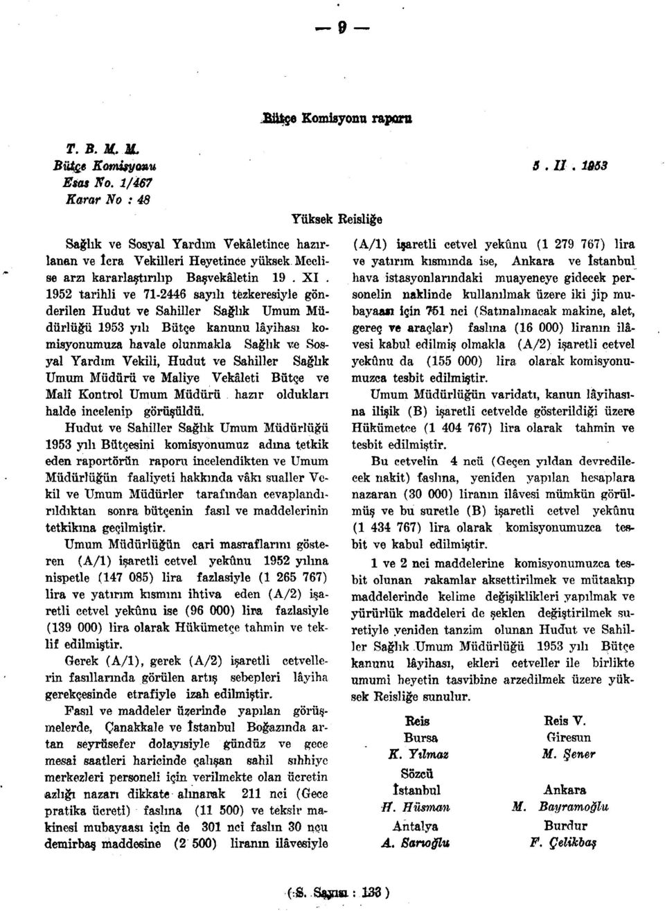 952 tarihli ve 7-2446 sayılı tezkeresiyle gönderilen Hudut ve Sahiller Sağlık Umum Müdürlüğü 953 yılı Bütçe kanunu lâyihası komisyonumuza havale olunmakla Sağlık ve Sosyal Yardım Vekili, Hudut ve