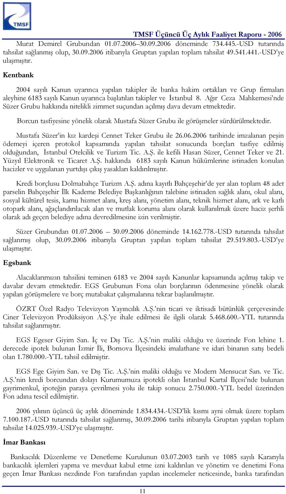 Ağır Ceza Mahkemesi nde Süzer Grubu hakkında nitelikli zimmet suçundan açılmış dava devam etmektedir. Borcun tasfiyesine yönelik olarak Mustafa Süzer Grubu ile görüşmeler sürdürülmektedir.