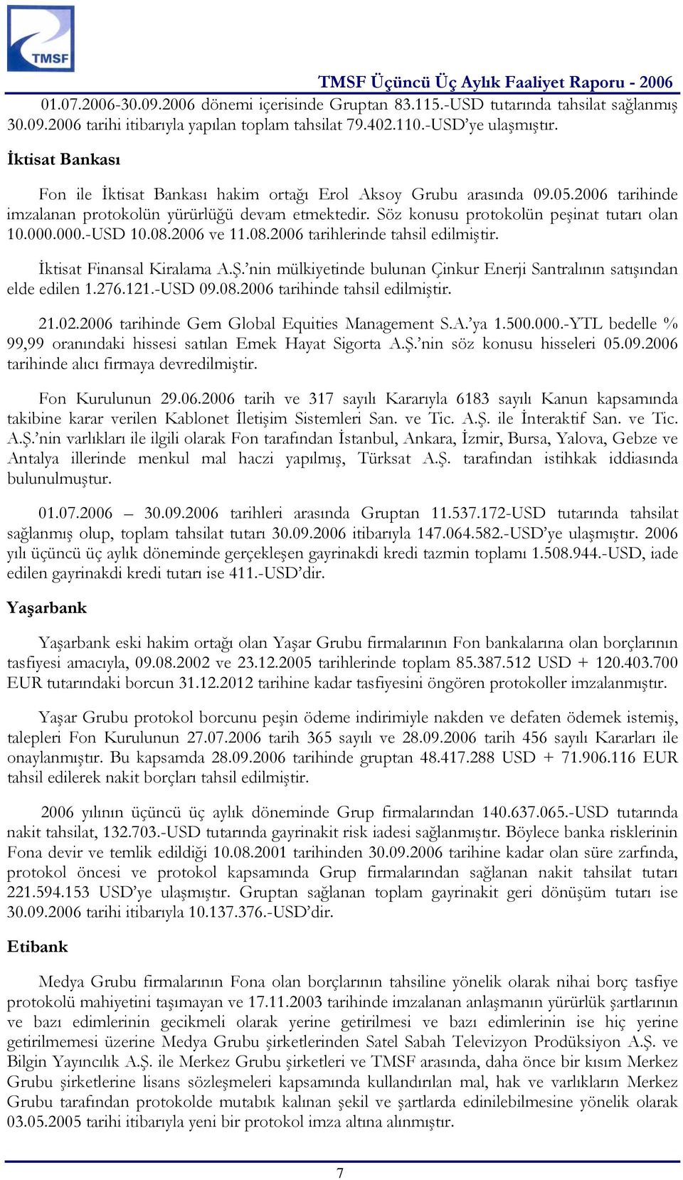 000.-USD 10.08.2006 ve 11.08.2006 tarihlerinde tahsil edilmiştir. İktisat Finansal Kiralama A.Ş. nin mülkiyetinde bulunan Çinkur Enerji Santralının satışından elde edilen 1.276.121.-USD 09.08.2006 tarihinde tahsil edilmiştir.