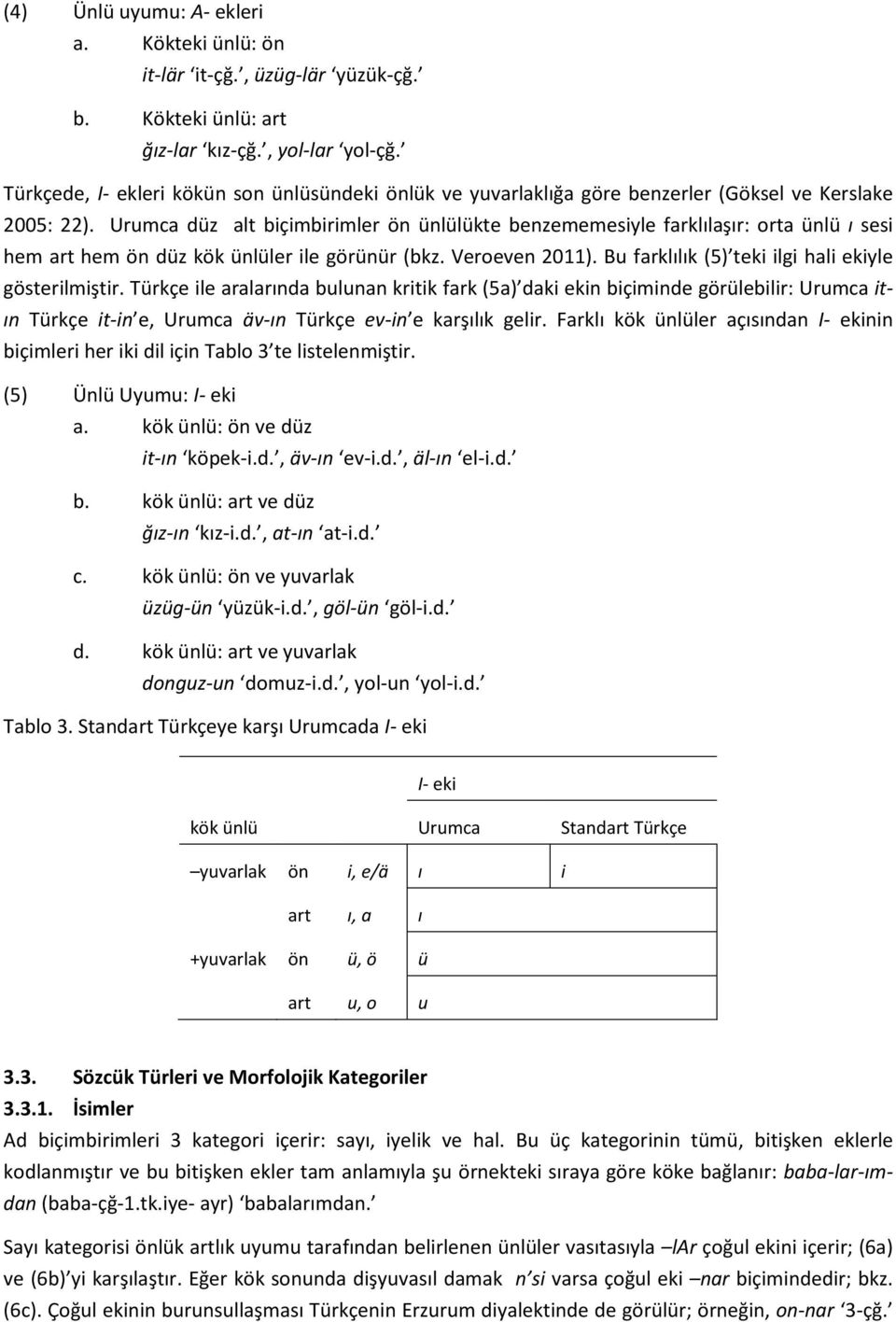 Urumca düz alt biçimbirimler ön ünlülükte benzememesiyle farklılaşır: orta ünlü ı sesi hem art hem ön düz kök ünlüler ile görünür (bkz. Veroeven 2011).