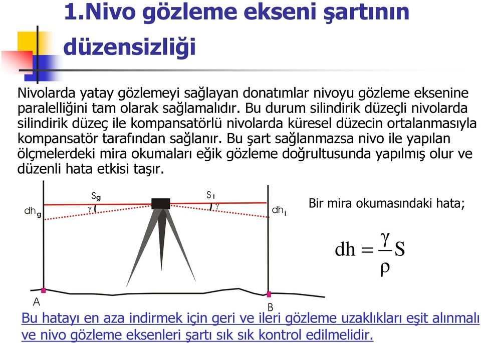 Bu şart sağlanmazsa nivo ile yapılan ölçmelerdeki mira okumaları eğik gözleme doğrultusunda yapılmış olur ve düzenli hata etkisi taşır.