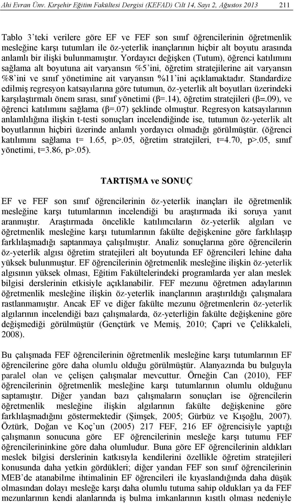 inançlarının hiçbir alt boyutu arasında anlamlı bir ilişki bulunmamıştır.