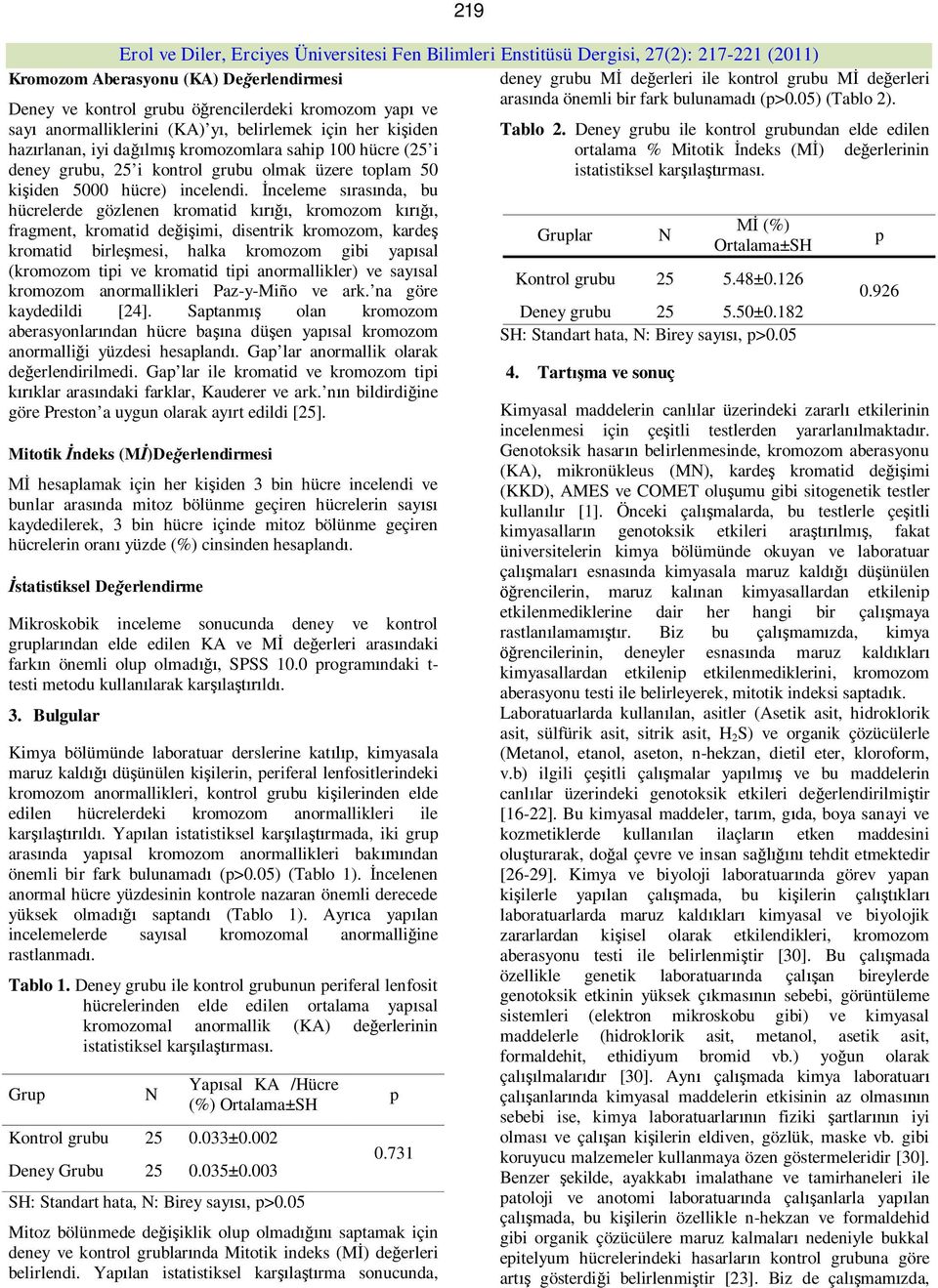 nceleme s ras nda, bu hücrelerde gözlenen kromatid k, kromozom k, fragment, kromatid de imi, disentrik kromozom, karde kromatid birle mesi, halka kromozom gibi yap sal (kromozom tipi ve kromatid tipi