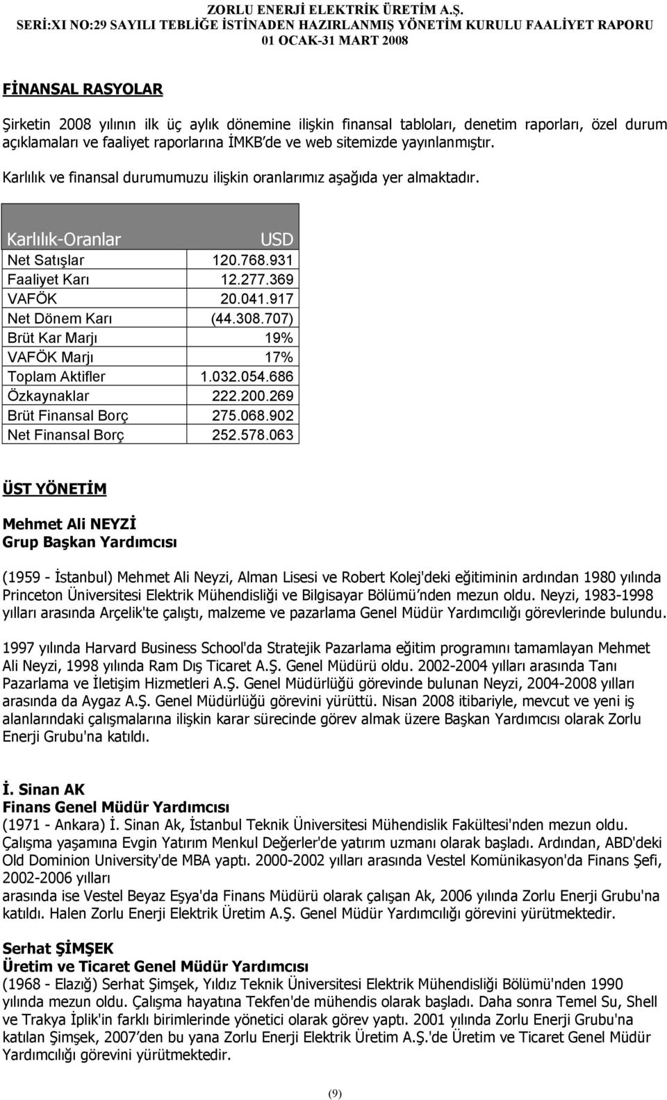 707) Brüt Kar Marjı 19% VAFÖK Marjı 17% Toplam Aktifler 1.032.054.686 Özkaynaklar 222.200.269 Brüt Finansal Borç 275.068.902 Net Finansal Borç 252.578.