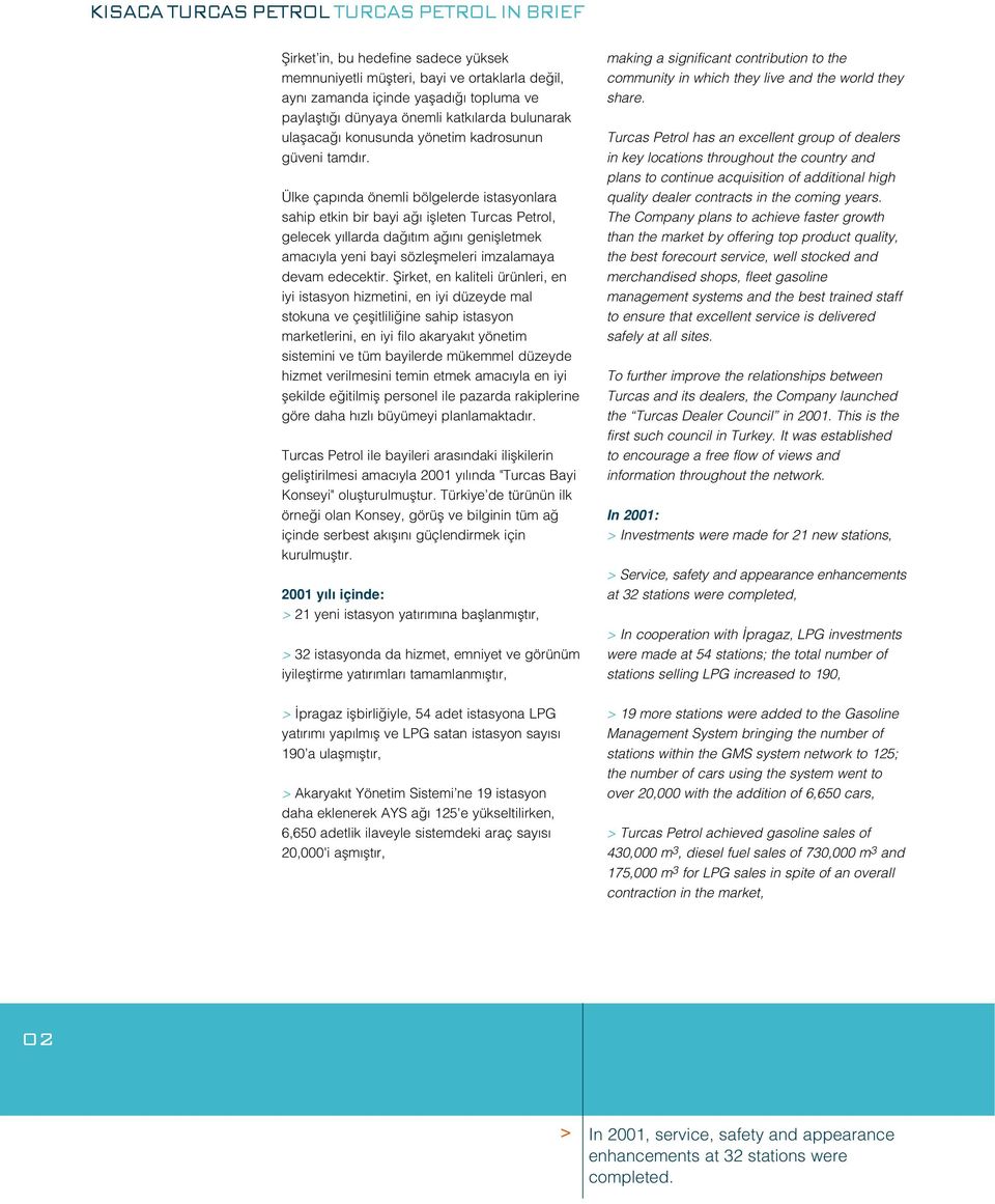 Ülke çap nda önemli bölgelerde istasyonlara sahip etkin bir bayi a iflleten Turcas Petrol, gelecek y llarda da t m a n geniflletmek amac yla yeni bayi sözleflmeleri imzalamaya devam edecektir.