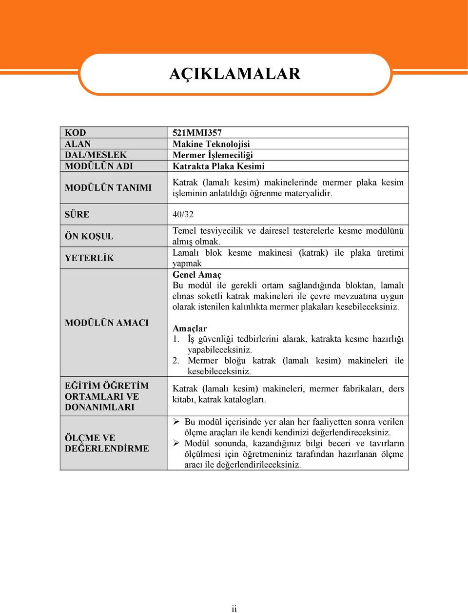 SÜRE 40/32 ÖN KOŞUL YETERLİK MODÜLÜN AMACI EĞİTİM ÖĞRETİM ORTAMLARI VE DONANIMLARI ÖLÇME VE DEĞERLENDİRME Temel tesviyecilik ve dairesel testerelerle kesme modülünü almış olmak.