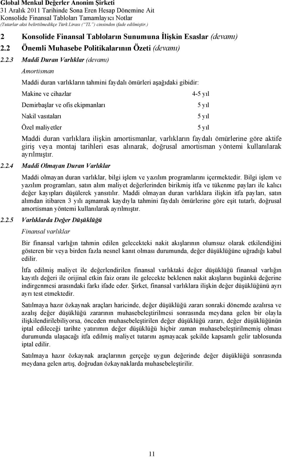 varlıkların faydalı ömürlerine göre aktife giriş veya montaj tarihleri esas alınarak, doğrusal amortisman yöntemi kullanılarak ayrılmıştır. 2.