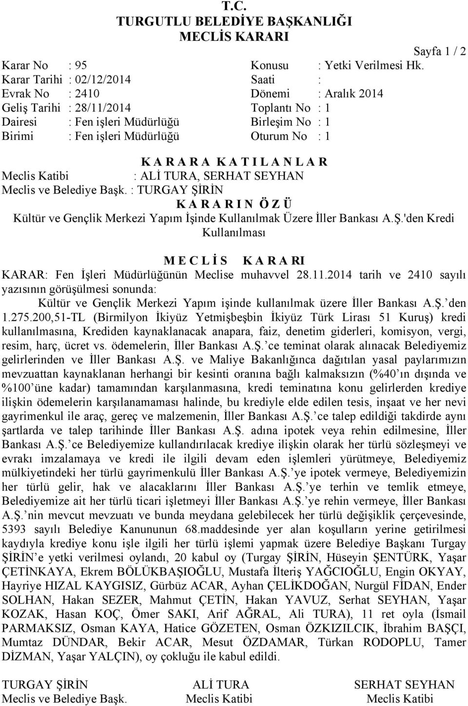 Yapım İşinde Kullanılmak Üzere İller Bankası A.Ş.'den Kredi Kullanılması KARAR: Fen İşleri Müdürlüğünün Meclise muhavvel 28.11.