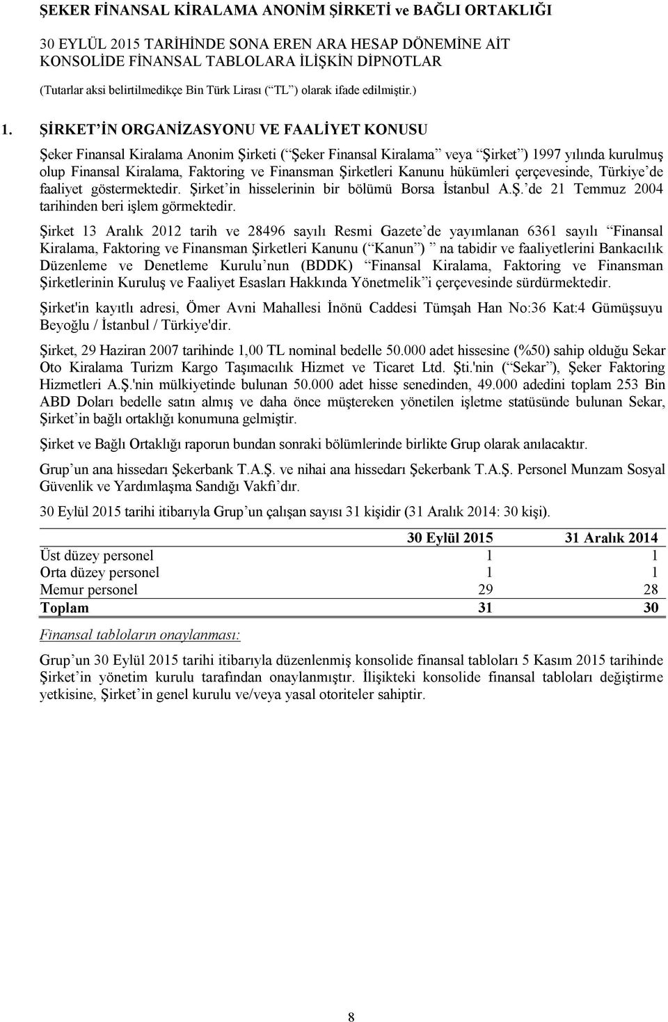 Şirket 13 Aralık 2012 tarih ve 28496 sayılı Resmi Gazete de yayımlanan 6361 sayılı Finansal Kiralama, Faktoring ve Finansman Şirketleri Kanunu ( Kanun ) na tabidir ve faaliyetlerini Bankacılık