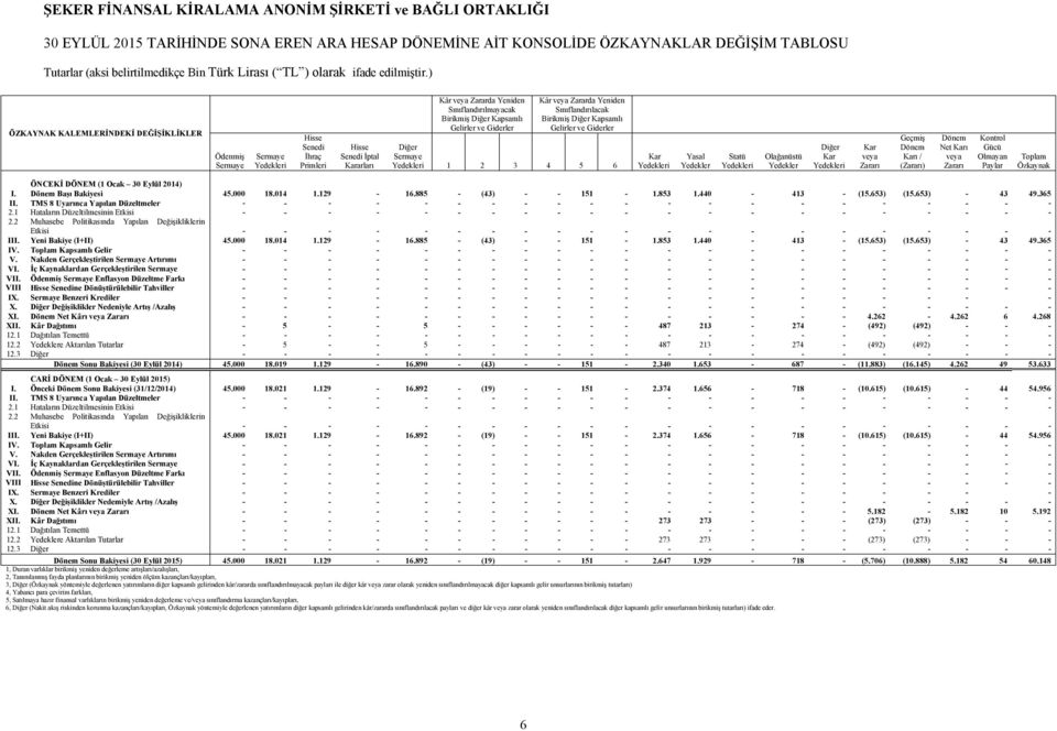 Kapsamlı Gelirler ve Giderler Kâr veya Zararda Yeniden Sınıflandırılacak Birikmiş Diğer Kapsamlı Gelirler ve Giderler Diğer Sermaye Yedekleri 1 2 3 4 5 6 Kar Yedekleri Yasal Yedekler Statü Yedekleri