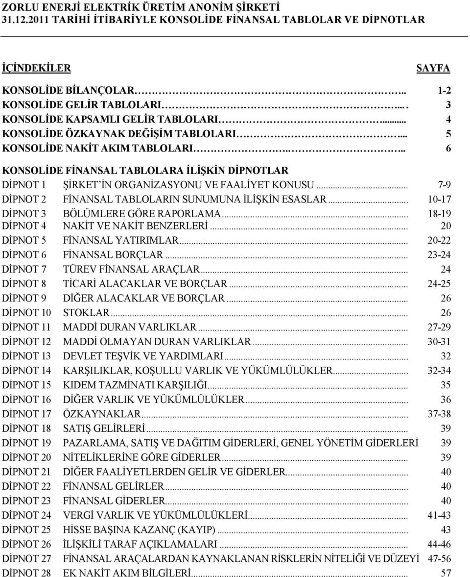 .. 10-17 DİPNOT 3 BÖLÜMLERE GÖRE RAPORLAMA... 18-19 DİPNOT 4 NAKİT VE NAKİT BENZERLERİ... 20 DİPNOT 5 FİNANSAL YATIRIMLAR... 20-22 DİPNOT 6 FİNANSAL BORÇLAR... 23-24 DİPNOT 7 TÜREV FİNANSAL ARAÇLAR.