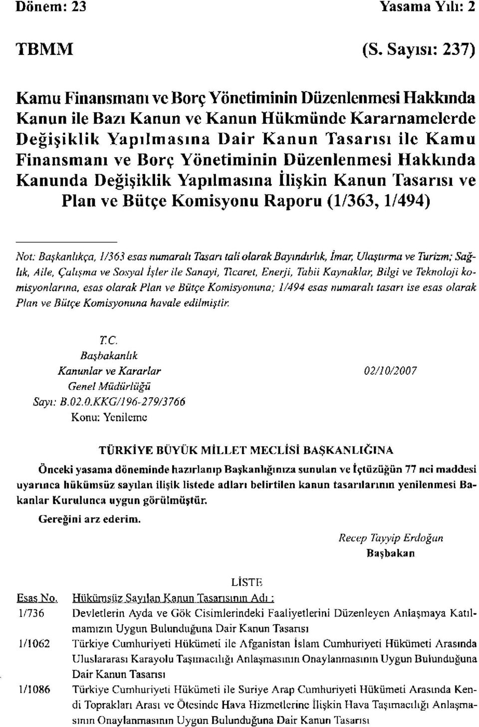 Yönetiminin Düzenlenmesi Hakkında Kanunda Değişiklik Yapılmasına İlişkin Kanun Tasarısı ve Plan ve Bütçe Komisyonu Raporu (1/363,1/494) Not: Başkanlıkça, 1/363 esas numaralı Tasarı tali olarak