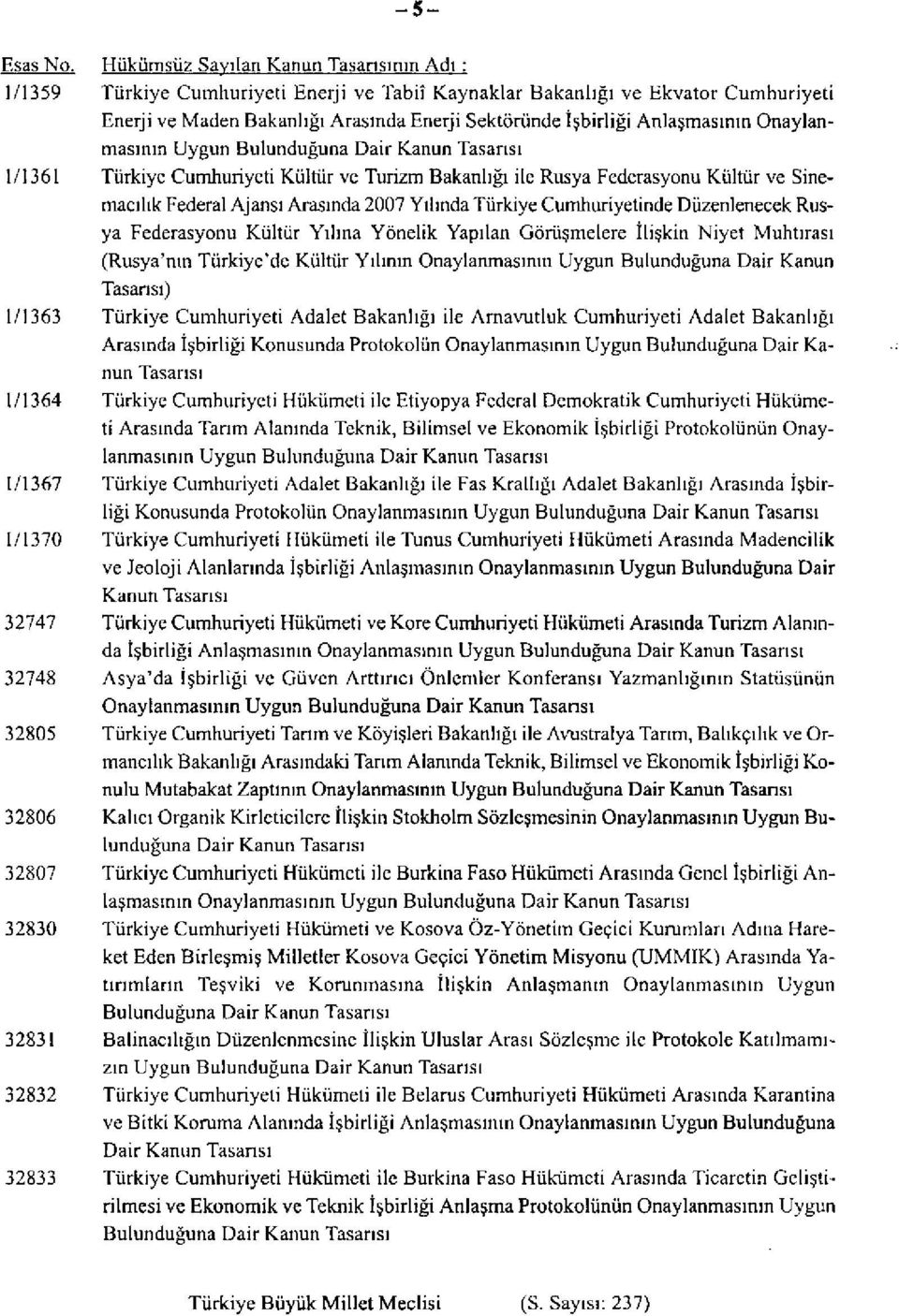 Anlaşmasının Onaylanmasının Uygun Bulunduğuna Dair Kanun Tasarısı 1/1361 Türkiye Cumhuriyeti Kültür ve Turizm Bakanlığı ile Rusya Federasyonu Kültür ve Sinemacılık Federal Ajansı Arasında 2007