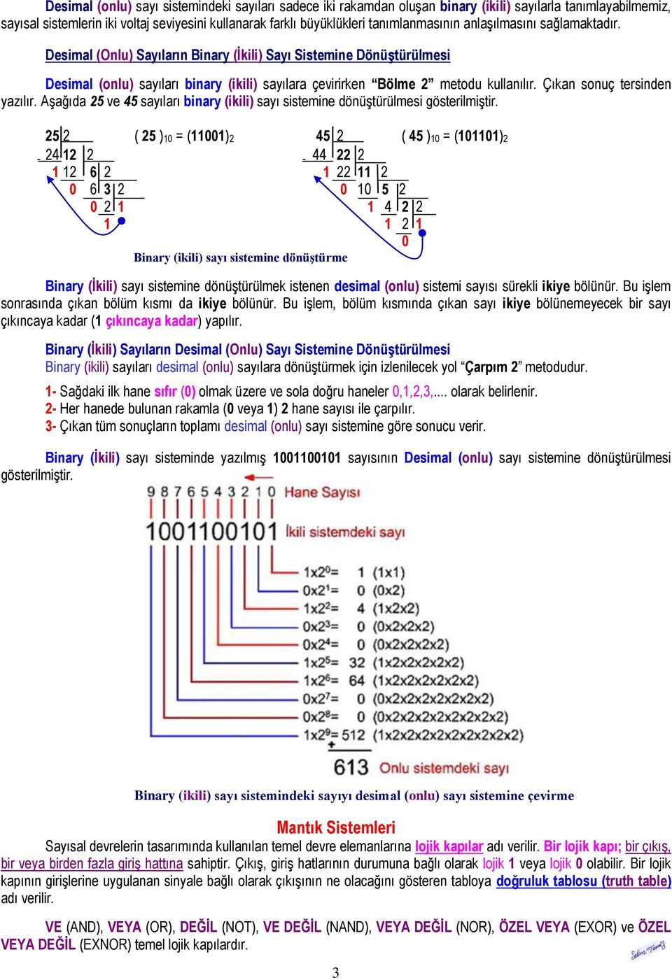 Çıkan sonuç tersinden yazılır. AĢağıda 25 ve 45 sayıları binary (ikili) sayı sistemine dönüģtürülmesi gösterilmiģtir.