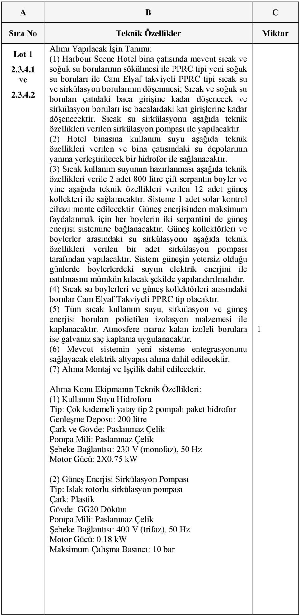 2 Alımı Yapılacak İşin Tanımı: (1) Harbour Scene Hotel bina çatısında mevcut sıcak ve soğuk su borularının sökülmesi ile PPRC tipi yeni soğuk su boruları ile Cam Elyaf takviyeli PPRC tipi sıcak su ve