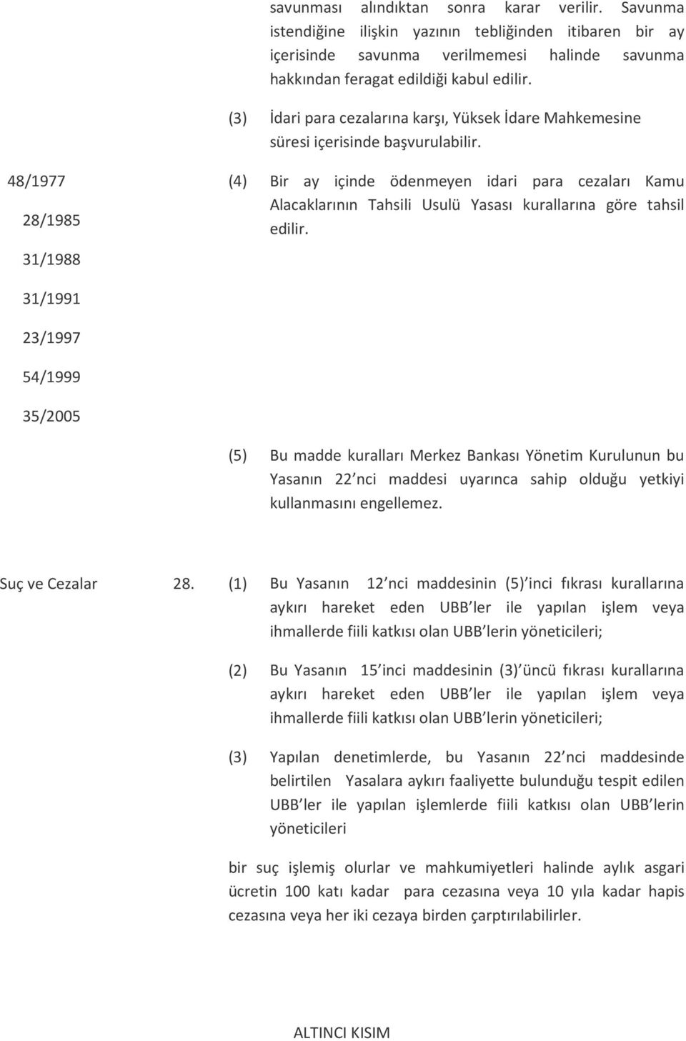 48/1977 28/1985 31/1988 (4) Bir ay içinde ödenmeyen idari para cezaları Kamu Alacaklarının Tahsili Usulü Yasası kurallarına göre tahsil edilir.