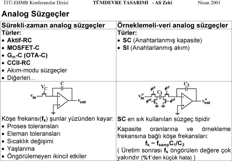 Proses toleransları Eleman toleransları Sıcaklık değişimi Yaşlanma Öngörülemeyen ikincil etkiler SC en sık kullanılan süzgeç tipidir