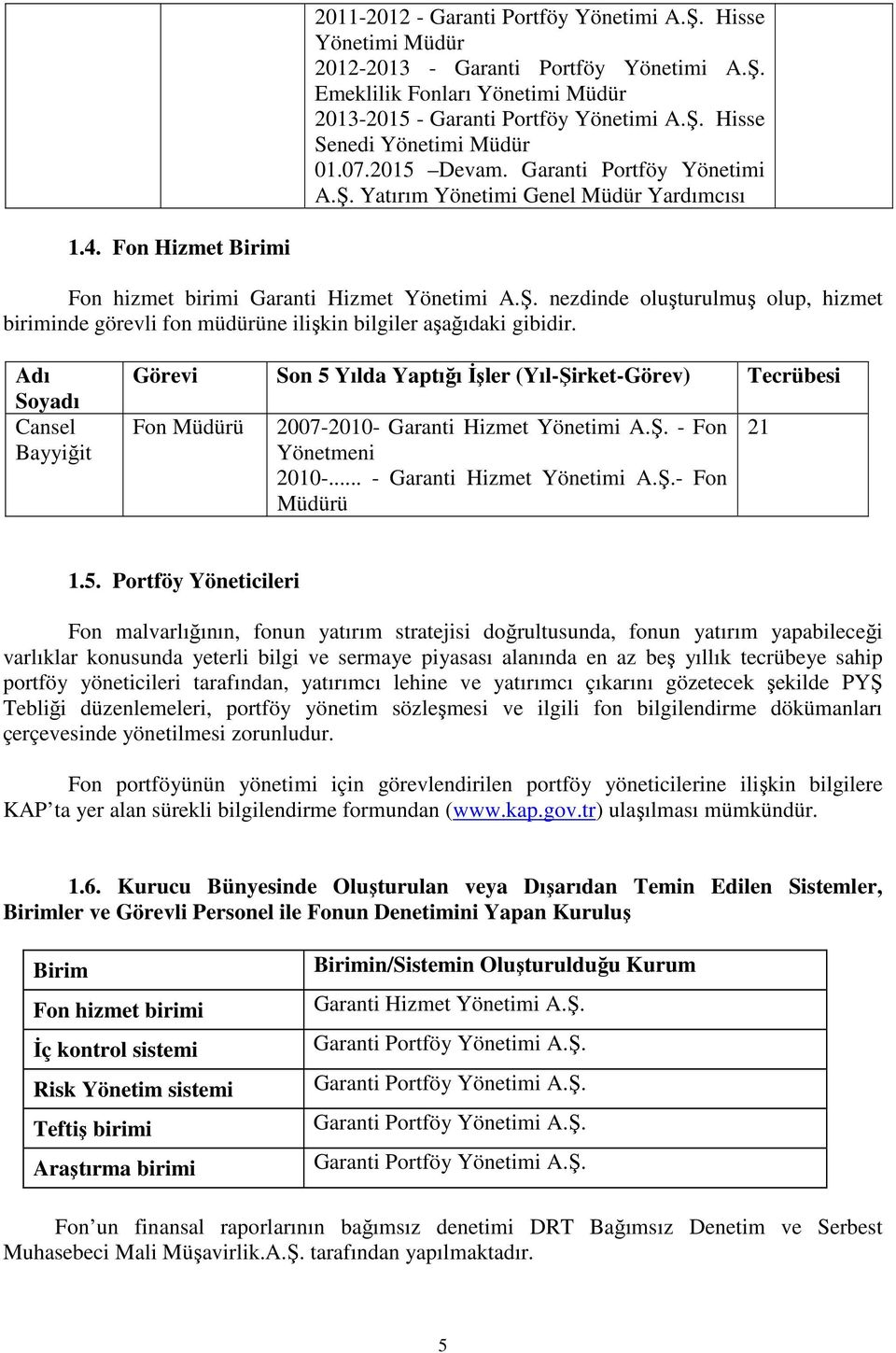 Adı Soyadı Cansel Bayyiğit Görevi Son 5 Yılda Yaptığı İşler (Yıl-Şirket-Görev) Tecrübesi Fon Müdürü 2007-2010- Garanti Hizmet Yönetimi A.Ş. - Fon Yönetmeni 2010-... - Garanti Hizmet Yönetimi A.Ş.- Fon Müdürü 21 1.