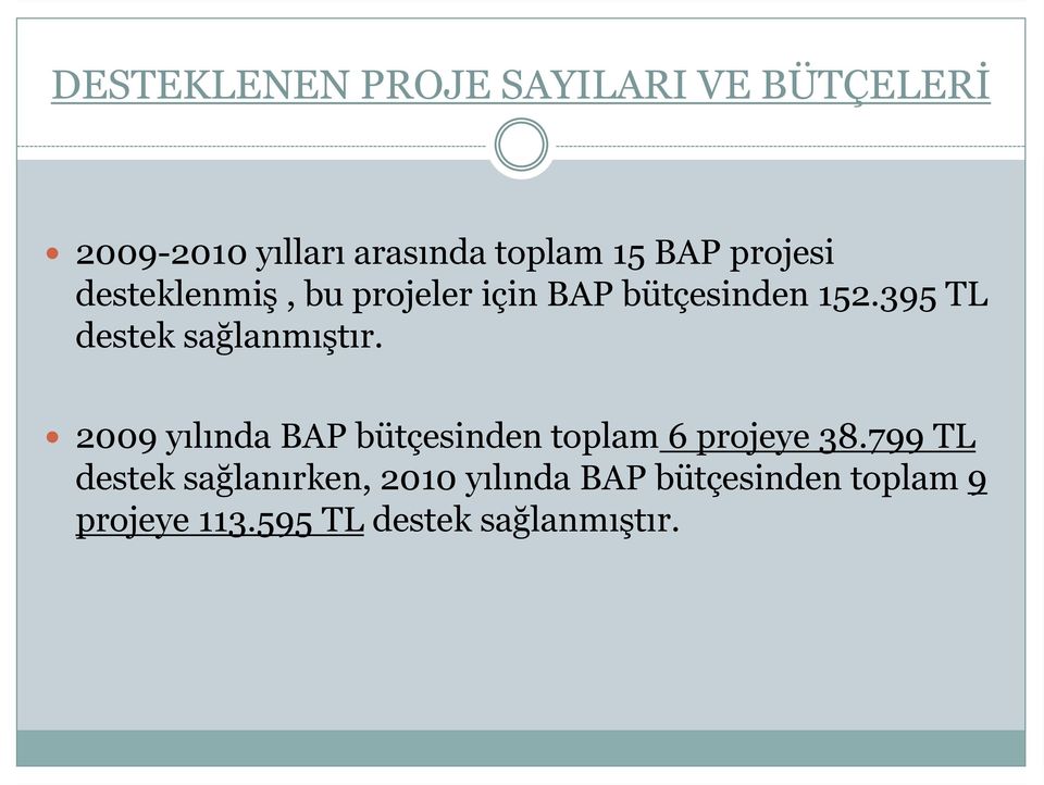 395 TL destek sağlanmıştır. 2009 yılında BAP bütçesinden toplam 6 projeye 38.
