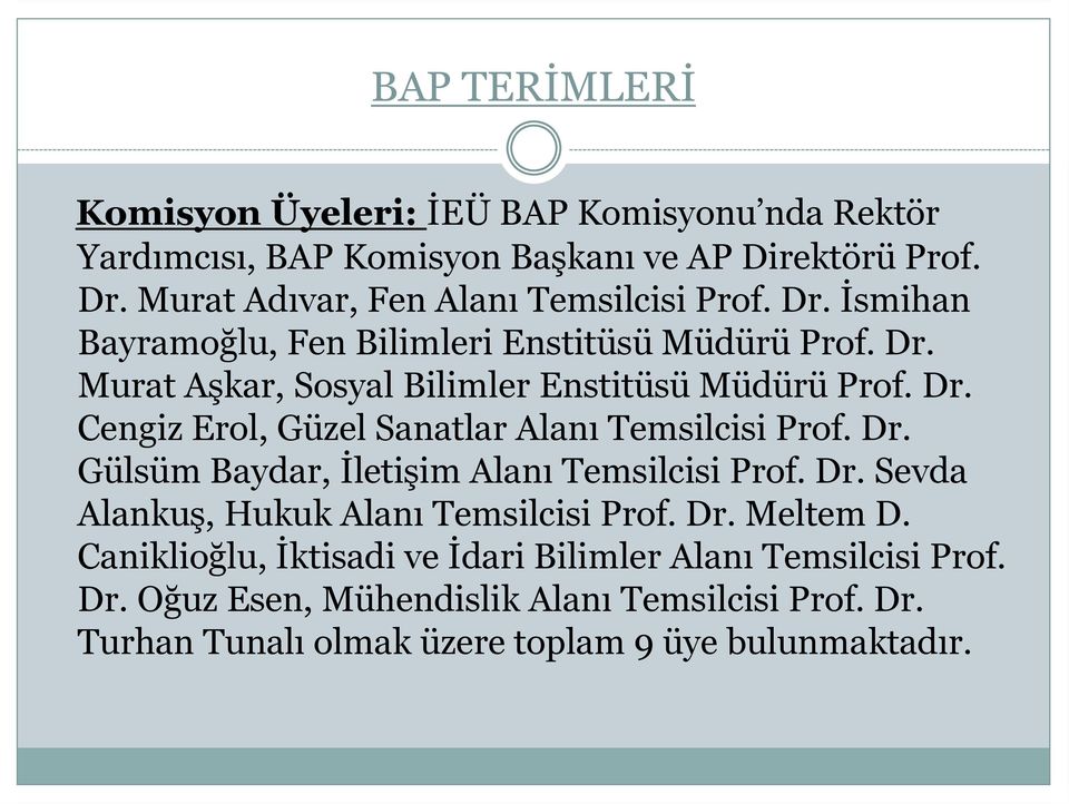 Dr. Cengiz Erol, Güzel Sanatlar Alanı Temsilcisi Prof. Dr. Gülsüm Baydar, İletişim Alanı Temsilcisi Prof. Dr. Sevda Alankuş, Hukuk Alanı Temsilcisi Prof.