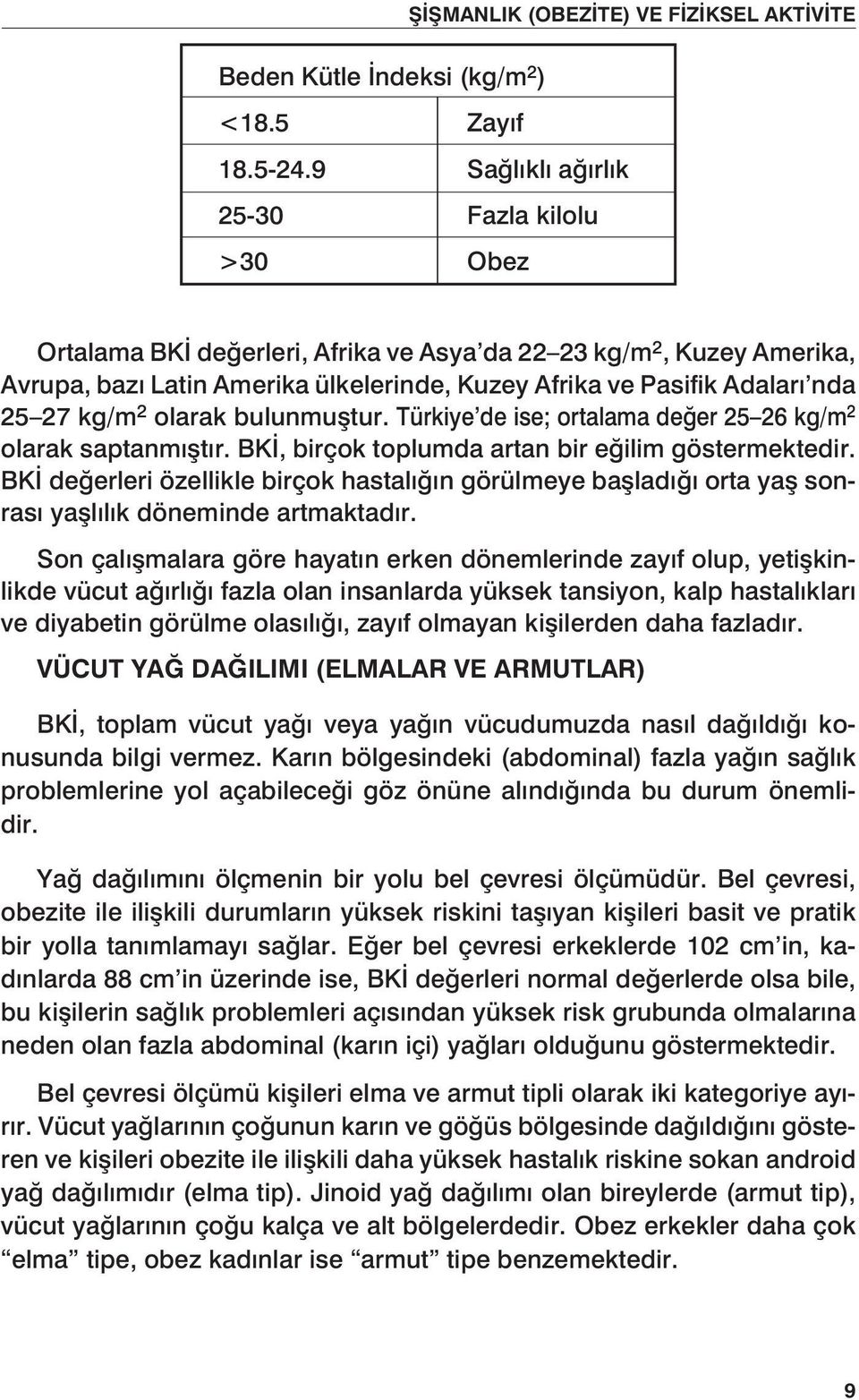 kg/m 2 olarak bulunmuştur. Türkiye de ise; ortalama değer 25 26 kg/m 2 olarak saptanmıştır. BKİ, birçok toplumda artan bir eğilim göstermektedir.