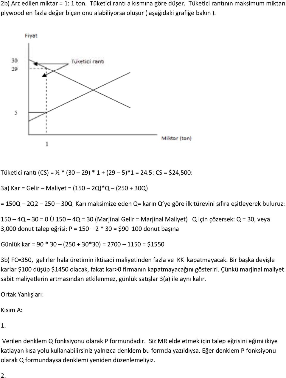 5: CS = $24,500: 3a) Kar = Gelir Maliyet = (150 2Q)*Q (250 + 30Q) = 150Q 2Q2 250 30Q Karı maksimize eden Q= karın Q ye göre ilk türevini sıfıra eşitleyerek buluruz: 150 4Q 30 = 0 Ù 150 4Q = 30