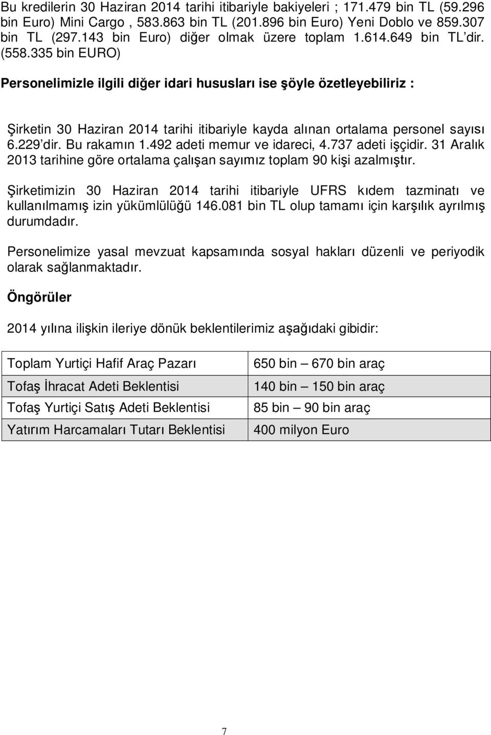 335 bin EURO) Personelimizle ilgili di er idari hususlar ise öyle özetleyebiliriz : irketin 30 2014 tarihi itibariyle kayda al nan ortalama personel say 6.229 dir. Bu rakam n 1.