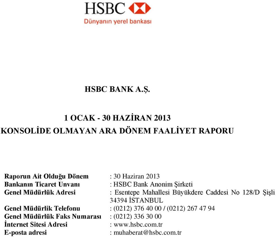 Bankanın Ticaret Unvanı : HSBC Bank Anonim Şirketi Genel Müdürlük Adresi : Esentepe Mahallesi Büyükdere Caddesi No