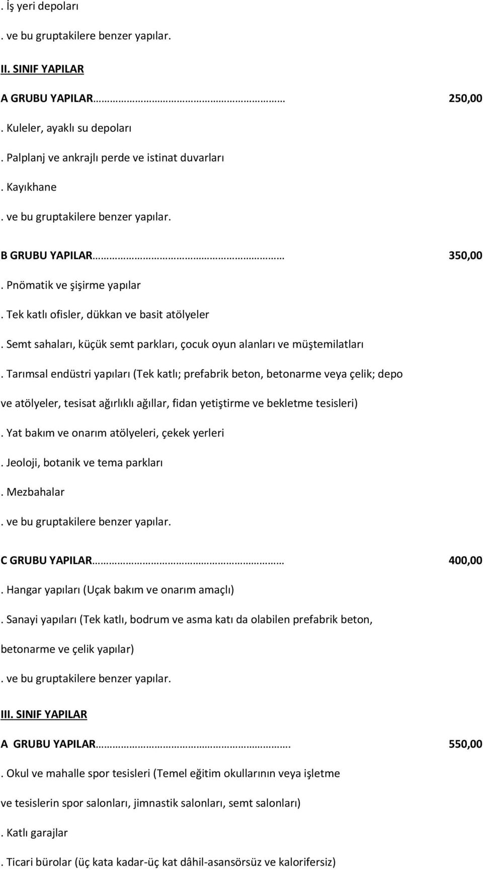 Tarımsal endüstri yapıları (Tek katlı; prefabrik beton, betonarme veya çelik; depo ve atölyeler, tesisat ağırlıklı ağıllar, fidan yetiştirme ve bekletme tesisleri).