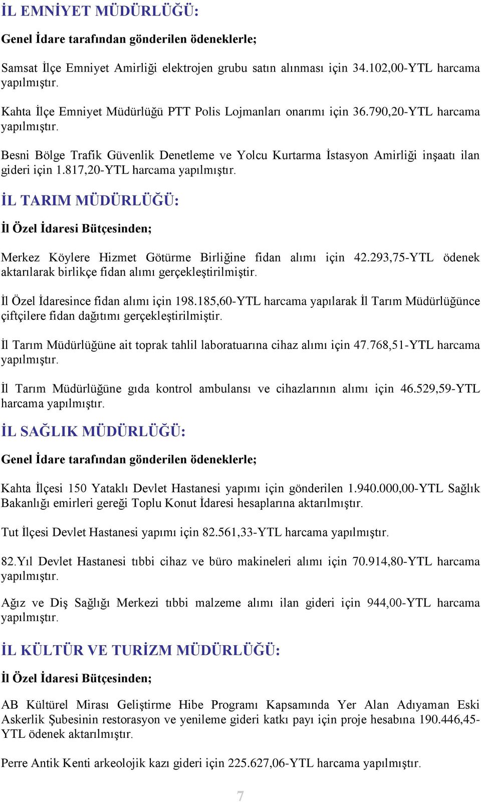 817,20-YTL harcama yapılmıģtır. ĠL TARIM MÜDÜRLÜĞÜ: Ġl Özel Ġdaresi Bütçesinden; Merkez Köylere Hizmet Götürme Birliğine fidan alımı için 42.