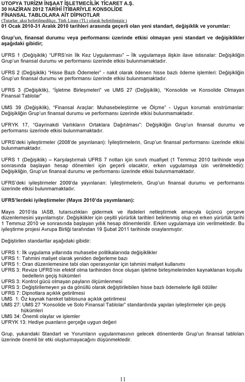 UFRS 2 (Deiiklik) Hisse Bazlı Ödemeler - nakit olarak ödenen hisse bazlı ödeme ilemleri: Deiikliin Grup un finansal durumu ve performansı üzerinde etkisi bulunmamaktadır.