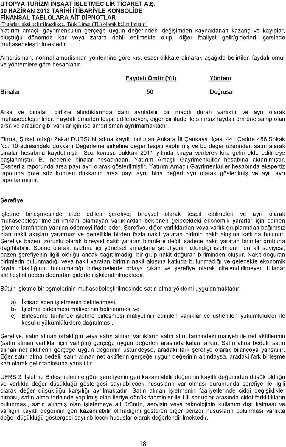 Faydalı Ömür (Yıl) Yöntem Binalar 50 Dorusal Arsa ve binalar, birlikte alındıklarında dahi ayrılabilir bir maddi duran varlıktır ve ayrı olarak muhasebeletirilirler.