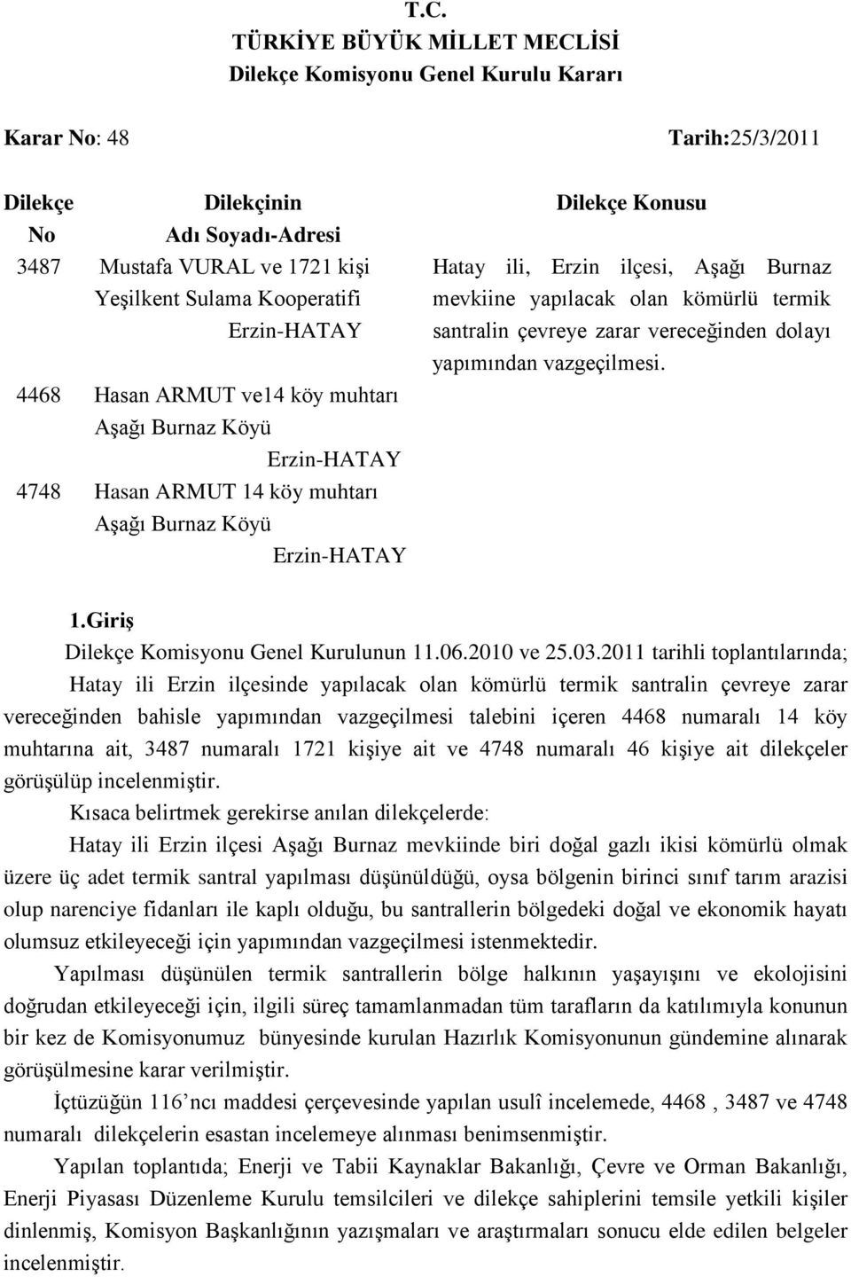 Burnaz mevkiine yapılacak olan kömürlü termik santralin çevreye zarar vereceğinden dolayı yapımından vazgeçilmesi. 1.Giriş Dilekçe Komisyonu Genel Kurulunun 11.06.2010 ve 25.03.